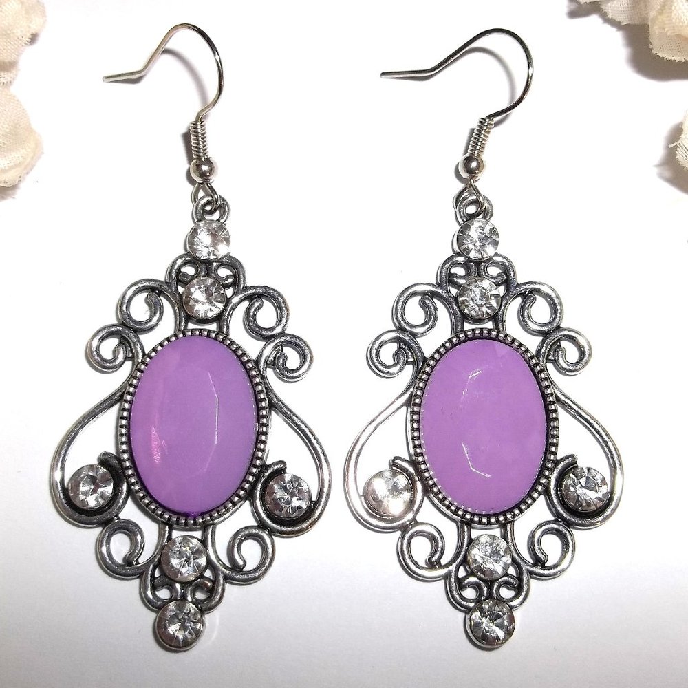 Lilac Purple Earrings Silver Costume Jewelry Faux Diamonds Statement Dangle A685